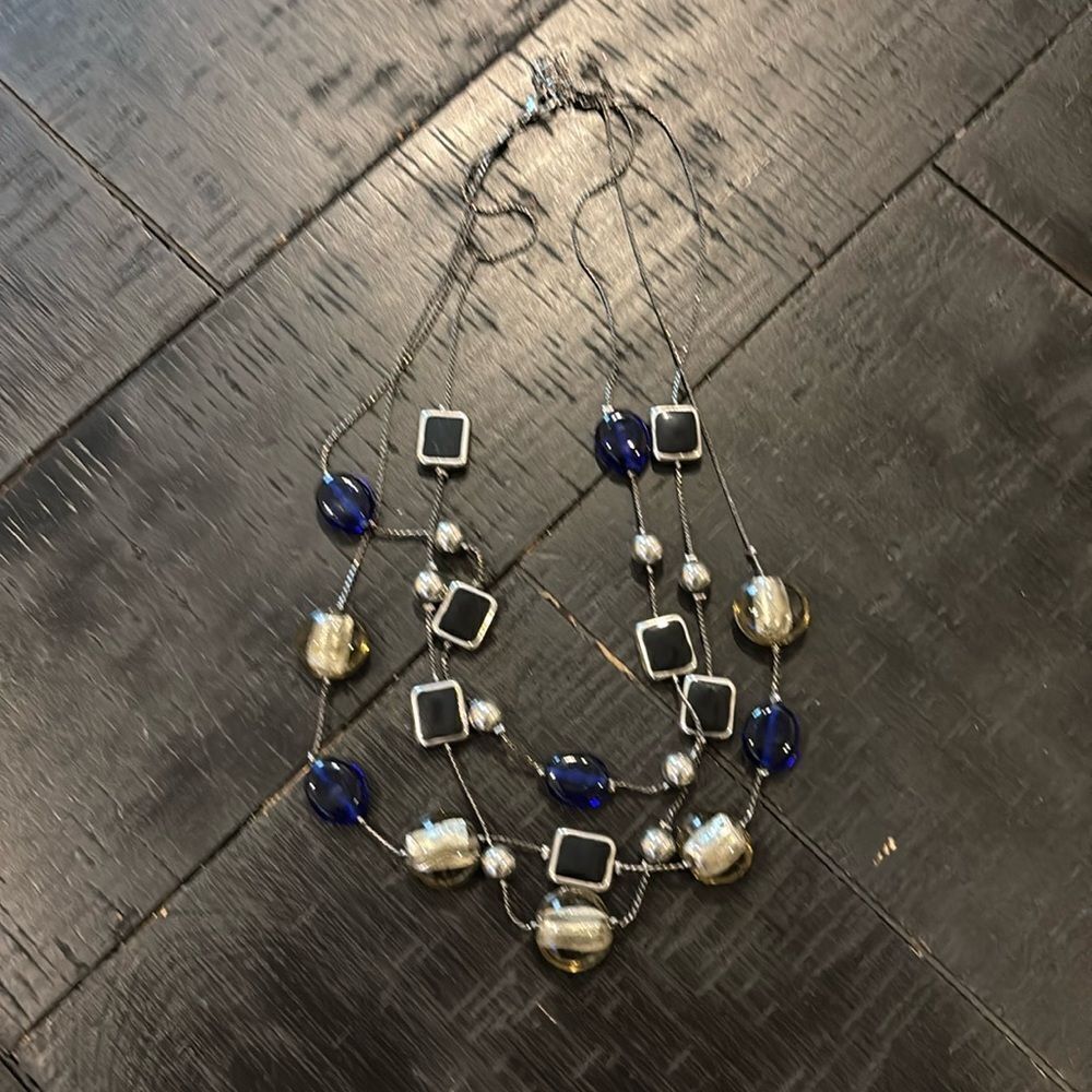 Glass & Metal Beaded Multistrand Blue Black Necklace